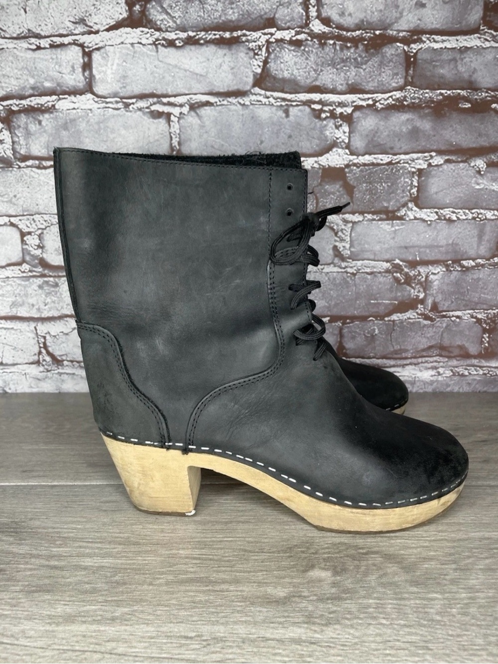 Nina Z Moheda Black Leather Lace Up Boho Clog Ankle Boots women sz 40EU/9.5M US